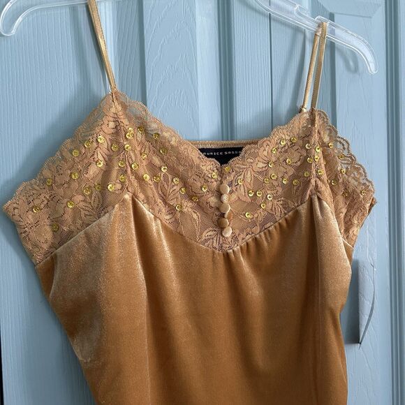 Maurice Sasson Y2K Gold Velvet Lace Tank Top Large Fairycore Whimsigoth V-Neck - Picture 2 of 8